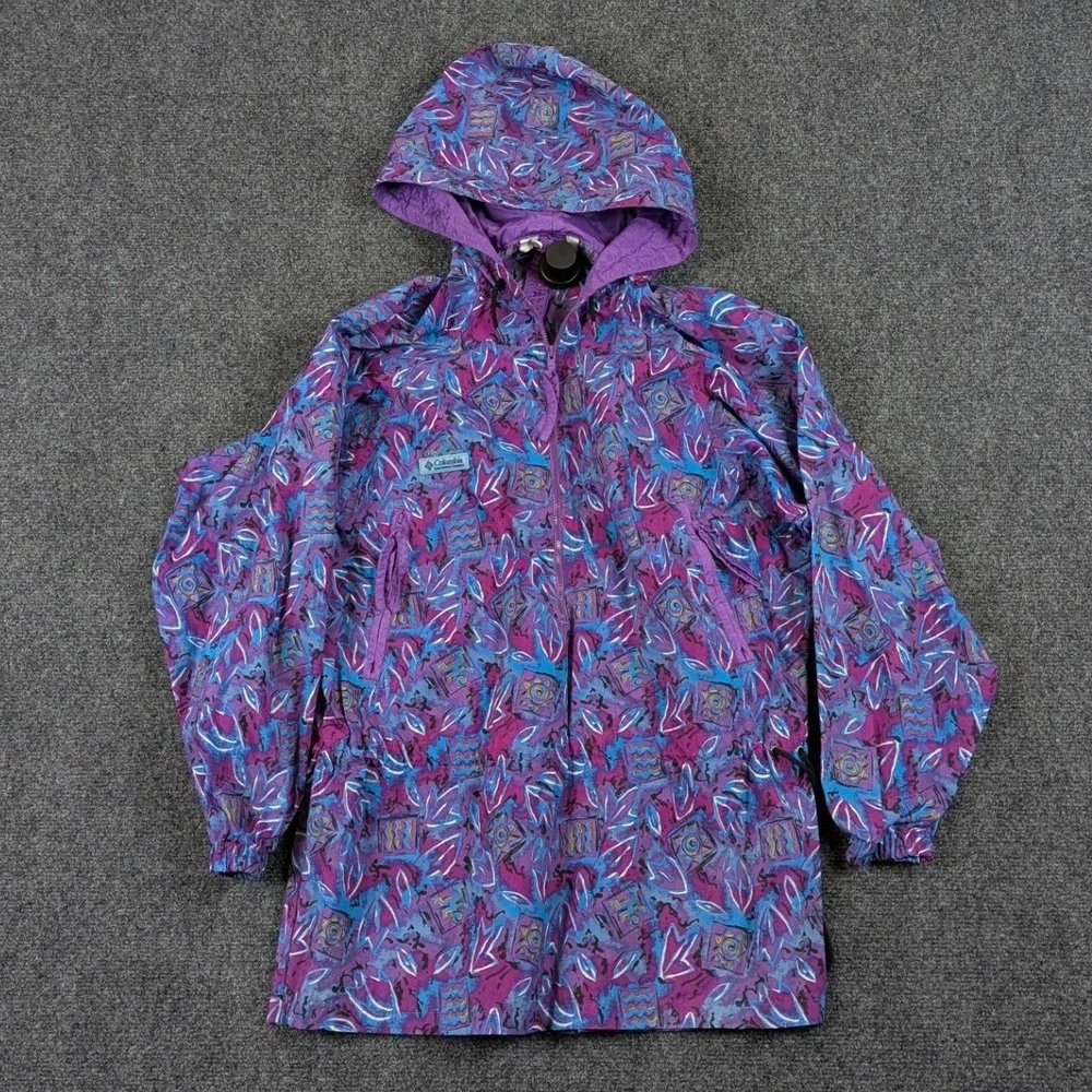 Columbia Vintage Windbreaker Jacket Purple Abstract Geometric Hooded Mens Medium